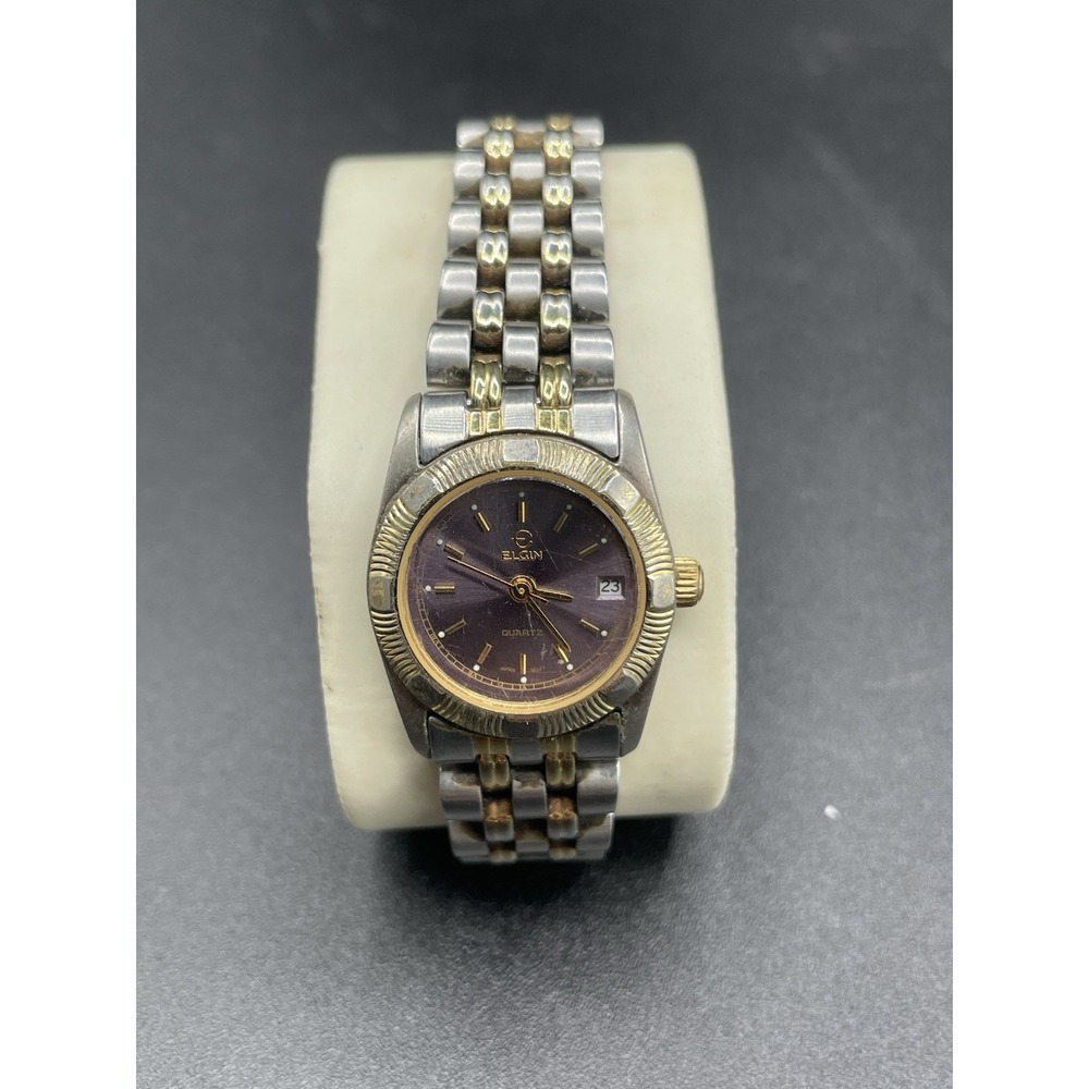 Vintage Elgin Ladies Quartz Watch Purple Dial Bracelet Japan Mvt, Needs Battery